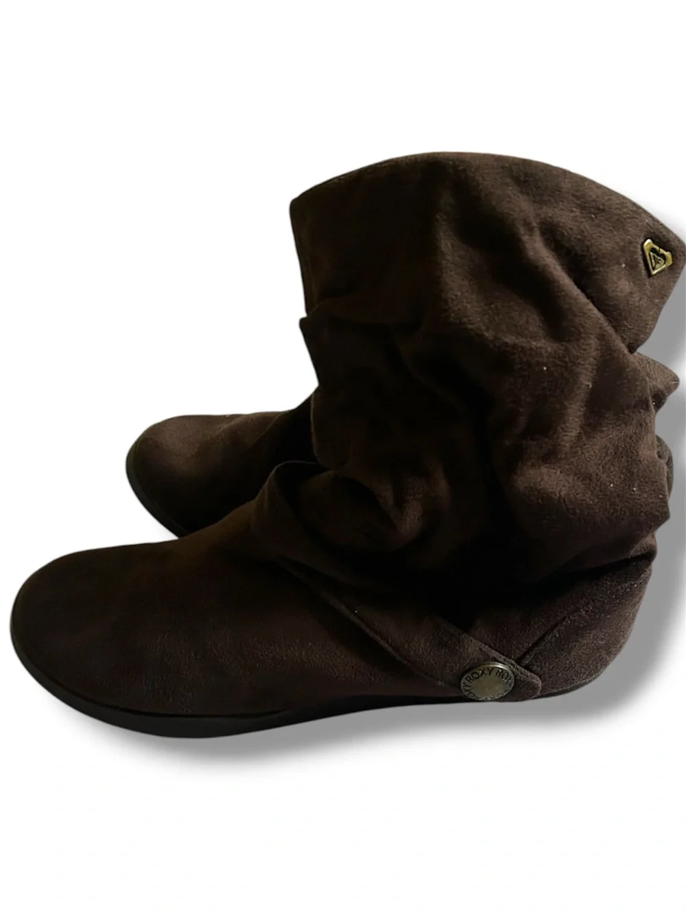 ROXY Chocolate Brown MicroSuede Slouch Ankle Boots Button Strap Logo Accents 6.5